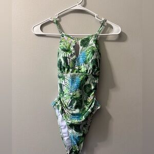 Tahari one piece swimsuit leaf‎ tropical keyhole cross back NEW